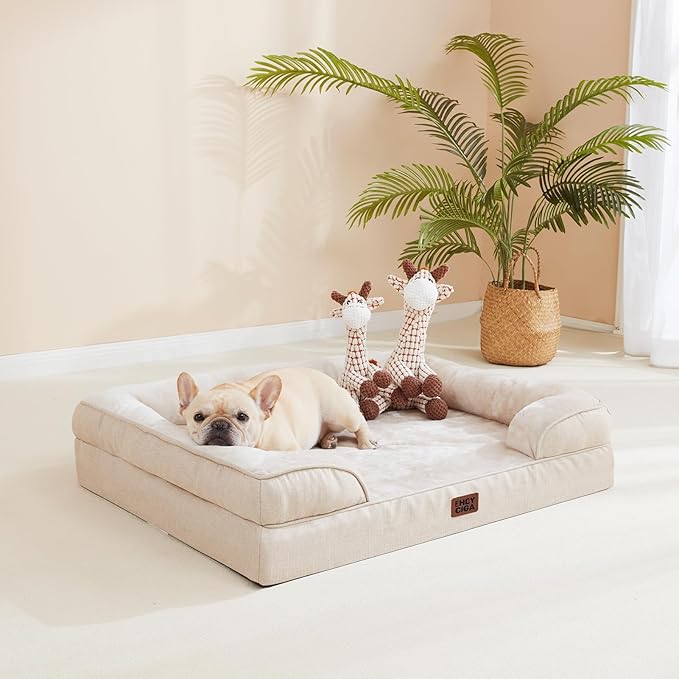 EHEYCIGA Orthopedic Dog Beds for Large Dogs, Waterproof Memory Foam Large Pet Bed with Sides, Non-Slip Bottom and Egg-Crate Foam Dog Couch Bed with Washable Removable Cover, Beige-PawvioPets