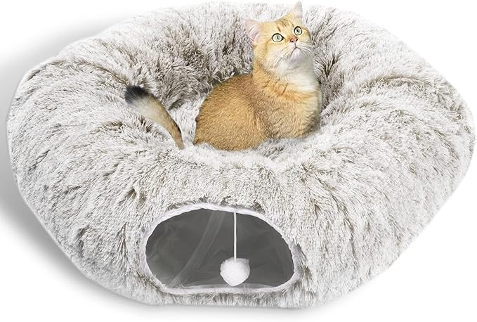 AUOON Cat Tunnel Bed - Cat Donut Tunnel with Soft Plush Circle Cushion for Indoor Cats Kitten Kitty Puppy Rabbit Ferret (Khaki)-PawvioPets