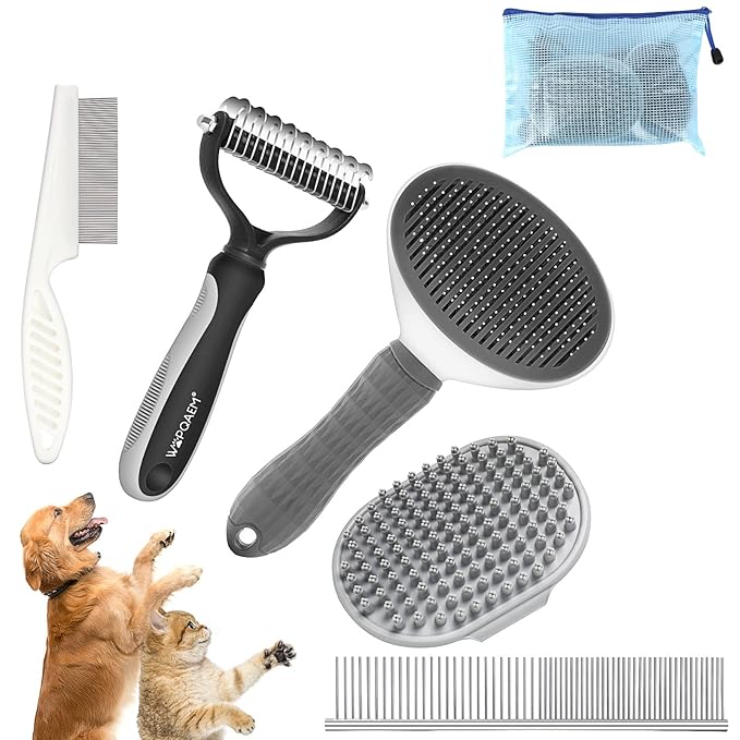 5 in 1 Dog Grooming Kit - Self-Cleaning Slicker Brush for Shedding Short Long Haired Dogs & Cats, Includes Pet Comb, Flea Comb, Bath Brush, Undercoat Rake - Complete Fur Care Set - Gray-PawvioPets