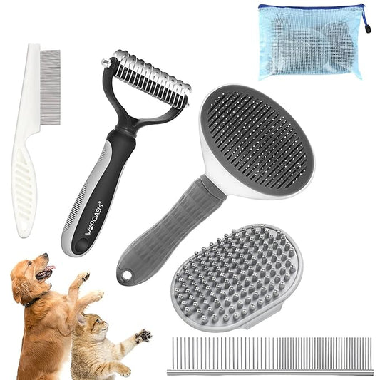 5 in 1 Dog Grooming Kit - Self-Cleaning Slicker Brush for Shedding Short Long Haired Dogs & Cats, Includes Pet Comb, Flea Comb, Bath Brush, Undercoat Rake - Complete Fur Care Set - Gray-PawvioPets