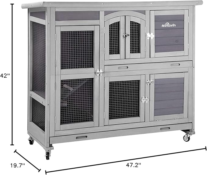 Aivituvin 47" Two Story Rabbit Hutch Bunny Cage with Wheels, Indoor Outdoor Guinea Pig Cage with 2 Deep No Leak Tray-PawvioPets