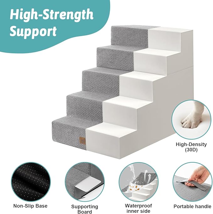 Dog Stairs for Small Dogs, 5 Tier Removable Wider Pet Stairs for Couch and Bed, 23.6" H Non-Slip Dog Steps for Puppies and Old Cats with Support Board, 29.5x19.7x23.6 inch, Grey-PawvioPets
