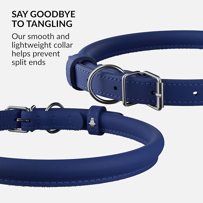CollarDirect Rolled Leather Dog Collar, Soft Padded Round Puppy Collar, Handmade Genuine Leather Collar Dog Small Large Cat Collars 13 Colors (6-7 Inch, Deep Blue Smooth)-PawvioPets