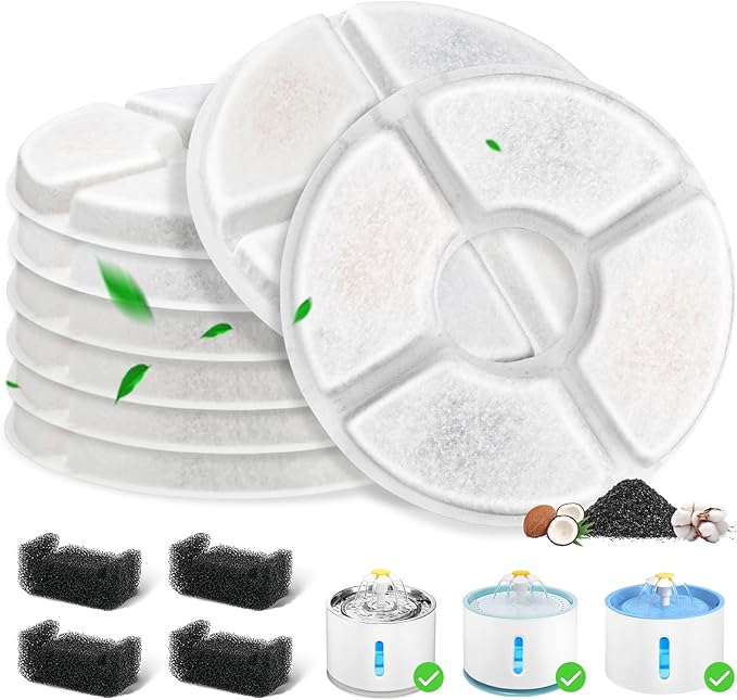 12 Pack Cat Water Fountain Filter, 8 Pcs Cat Fountain Filters Replacement & 4 Pcs Pre-Filter Sponges for 81oz / 2.4L Round Automatic Pet Water Fountain Dog Dispenser, 3-Filtration System-PawvioPets