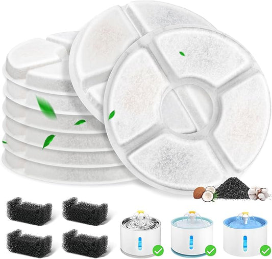 12 Pack Cat Water Fountain Filter, 8 Pcs Cat Fountain Filters Replacement & 4 Pcs Pre-Filter Sponges for 81oz / 2.4L Round Automatic Pet Water Fountain Dog Dispenser, 3-Filtration System-PawvioPets