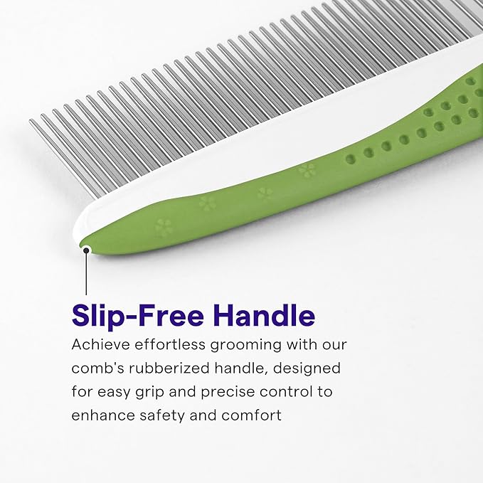Dog & Cat Comb – Removes Tangles, Knots, and Matted Fur – Grooming Tool with Stainless Steel Teeth and Non-Slip Handle – Best Pet Hair Comb for Home Grooming Kit – Includes eBook Guide-PawvioPets