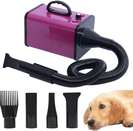 2400w 75m/s Dog Dryer for Pet Grooming, High Velocity Pet Hair Dryer with Heater, Adjustable Speed, 4 Nozzles and a Comb, Purple-PawvioPets