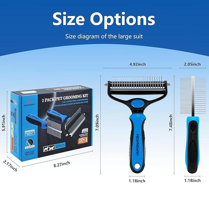 2-in-1 Shedding Brush and Detangling Comb Combo,Stripping Brush for Medium and Large Dogs, Dog and Cat Grooming Comb, 22 Stainless Steel Teeth Remove Tangled Hair, Pet Grooming Tools-large-PawvioPets