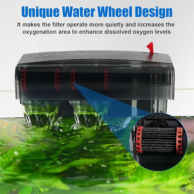 AQQA Aquarium Filter 20-50 Gallon Fish Tank Filters with Double Waterfall, Hang on Back Aquarium Filter with Bio-Wheel Power, Adjustable Flow, Quiet Efficient and Silent Operation (10W 125 GPH)-PawvioPets