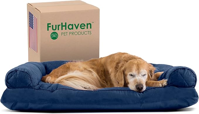Furhaven Pillow Dog Bed for Large Dogs w/ Removable Bolsters & Washable Cover - Quilted Sofa - Navy (Blue), Jumbo/XL-PawvioPets