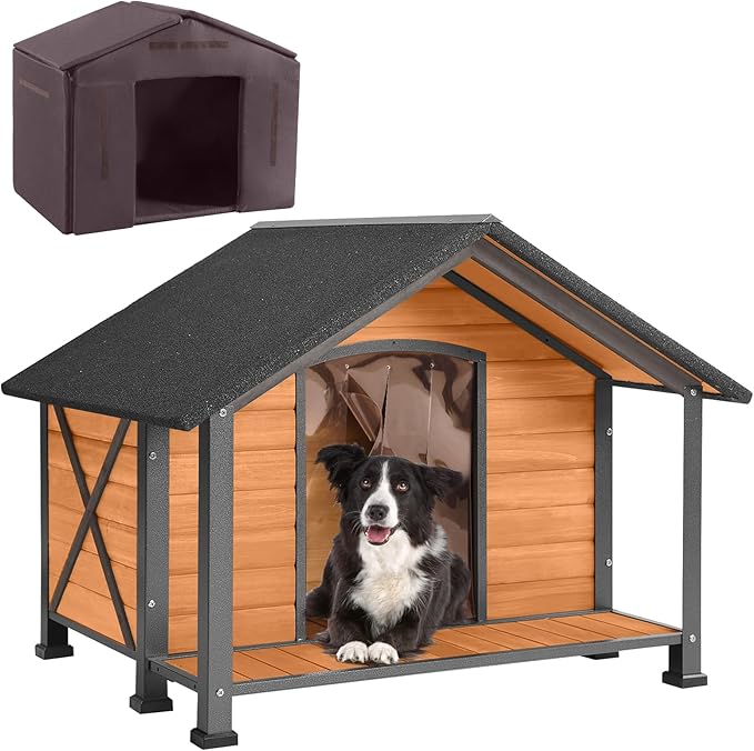 Aivituvin Dog House with Insulated Liner Outdoor All-Around Iron Frame Dog Kennel Outside with Overhang Roof Large Porch Weatherproof-PawvioPets