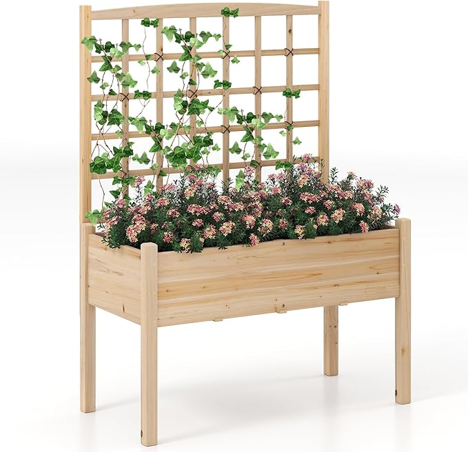Giantex Raised Garden Bed with Trellis, Wooden Elevated Planter Box with Legs, Drainage Holes for Climbing Plants Vines Vegetables Flowers Herbs, Outdoor Horticulture Planter for Patio Yard (Natural)-PawvioPets