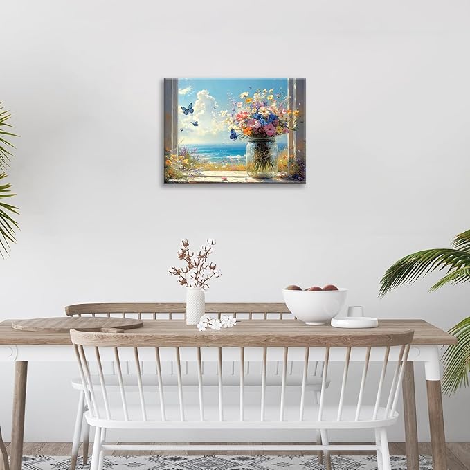 Beach Floral Bathroom Pictures Wall Art, Colorful Flower Bathroom Wall Decor, Coastal Ocean Framed Painting Canvas Artwork for Bedroom Living Room Decorations 20"L x 16"W-PawvioPets