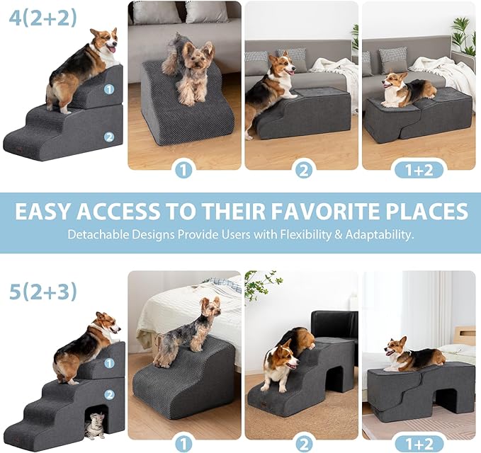 Dog Stairs for High Beds with Tunnel, 5-Step Dog Steps for Small Dogs and Cats, Foldable Pet Stairs for High Bed Climbing, Non-Slip Balanced Pet Step Indoor, Dark Grey-PawvioPets