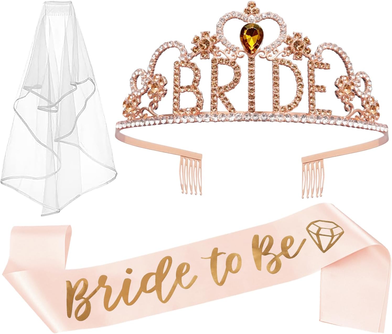 JETKONG 3 Pcs Bachelorette Party Decorations "BRIDE" Crown, Bride to Be Sash&Veil for Women Bachelorette Party Gifts, Bridal Shower Supplies, Gifts, Favors (Rose Gold)