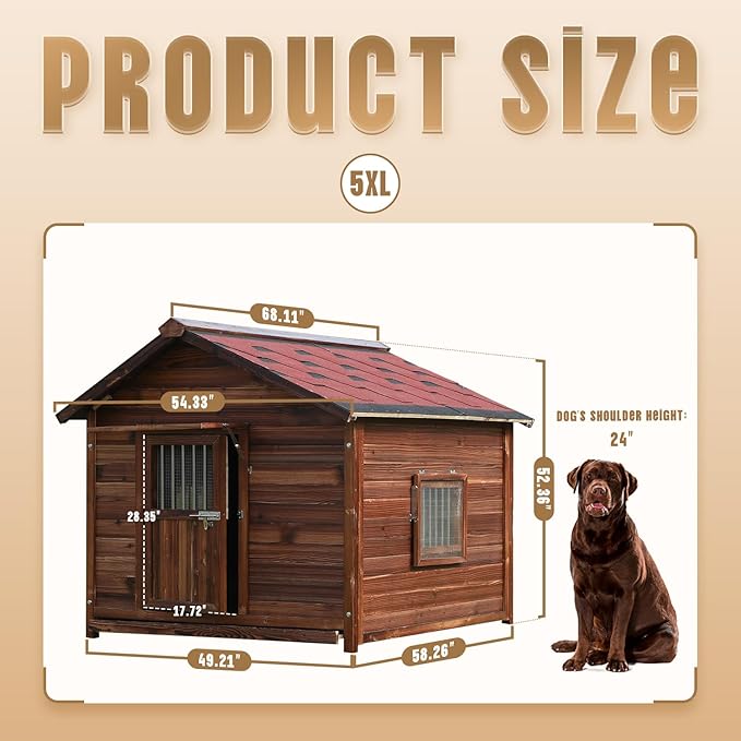Extra Large Dog House Outdoor Made of Solid Pine Wood, Warm Doghouse, Dog House with Elevated Floor for Large Dogs, (Wood, 5XL)-PawvioPets
