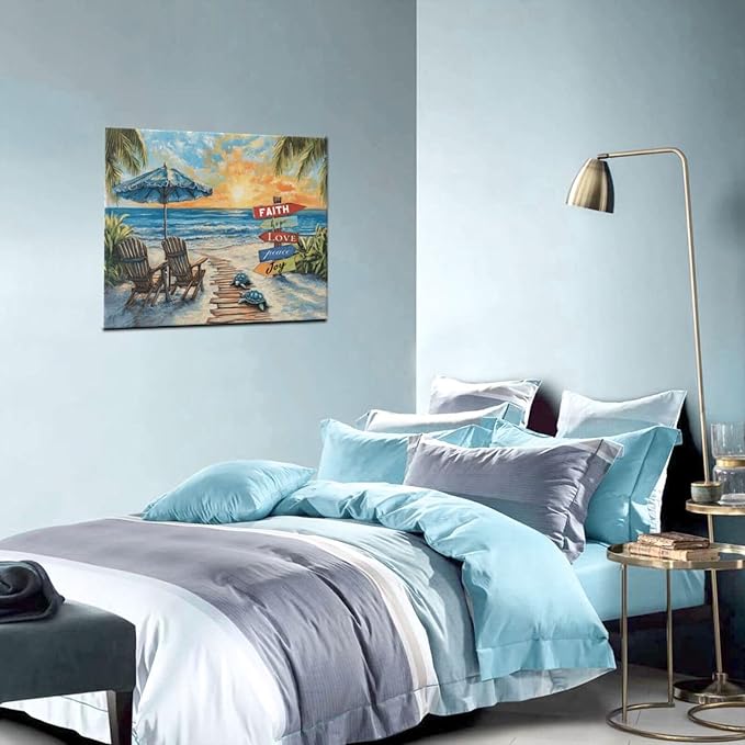 Beach Ocean Bathroom Pictures Wall Art, Seaside Coastal Bathroom Wall Decor, Sunrise Framed Painting Canvas Artwork for Bedroom Living Room Decorations 24"L x 20"W-PawvioPets