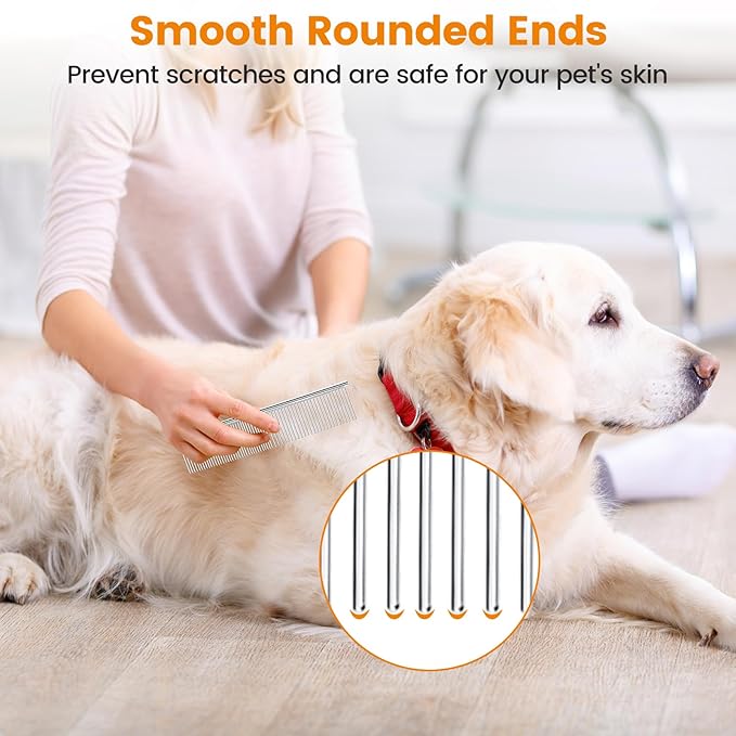 2Pcs Stainless Steel Dog Comb, Round Tooth Cat Comb with 2 Tooth Widths, Metal Combs for Removing Knots and Tangles, Grooming Tool for Long and Short Hair Pets, 7.5 IN Silver-PawvioPets