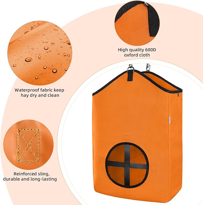 3 PCS Goat Hay Feeder,Hay Bags for Horses,Goats,Donkeys with Reinforced Oxford Fabric and High Strength Metal Clasp,Horse Feeding Supplies with Adjustable Strap for Easy Hanging (2Orange+1Black)-PawvioPets