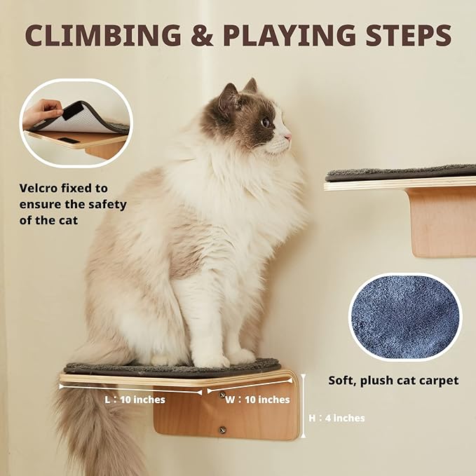2 Set Cat Wall Steps - Wooden Cat Climbing Shelf for Wall - Cats Wall Stairs with Scratching Mat - Wall Mounted Cats Furniture for Jumping, Playing, and Lounging-PawvioPets