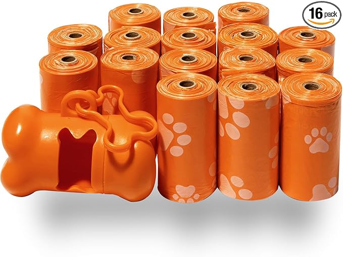 Best Pet Supplies Dog Poop Bags (240 Bags) for Waste Refuse Cleanup, Doggy Roll Replacements for Outdoor Puppy Walking and Travel, Leak Proof and Tear Resistant, Thick Plastic - Orange-PawvioPets