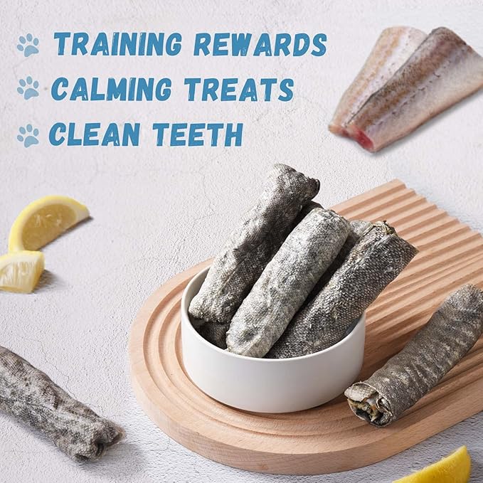Dog Treats Natural Cod Skin Rolls, Rawhide-Free Chewy Fish Skin Dog Chews, One-Ingredient Healthy Training Treats Rich in Omega3 & Protein, 10.6 oz-PawvioPets
