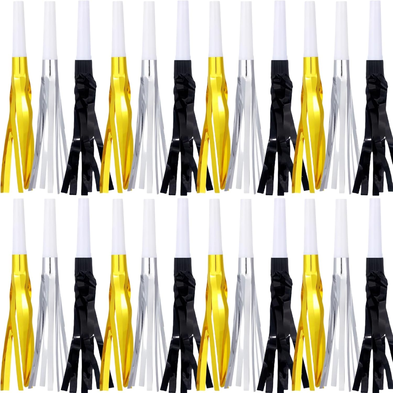 Metallic Fringed Noise Makers, for Noise Makers Party Favors, New Year Party, Baby Shower, Kids Birthday, 24 Pcs, Gold, Silver, Black