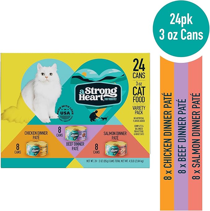 A Strong Heart Canned Wet Cat Food, Chicken, Beef and Salmon Variety Pack - 3 oz Cans (Pack of 24), Made in The USA with Real Chicken, Beef and Salmon-PawvioPets