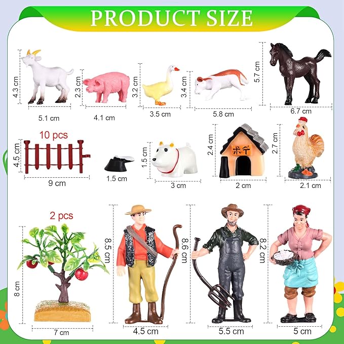 27 Pcs Farm Toys Set, 3 Little Farmer Figurines 9 Plastic Animals Figurines 10 Feed Food Fence Playset 4 Model Trees 1 Moss Mat Animal Farm Toys for Educational School Project Gift-PawvioPets