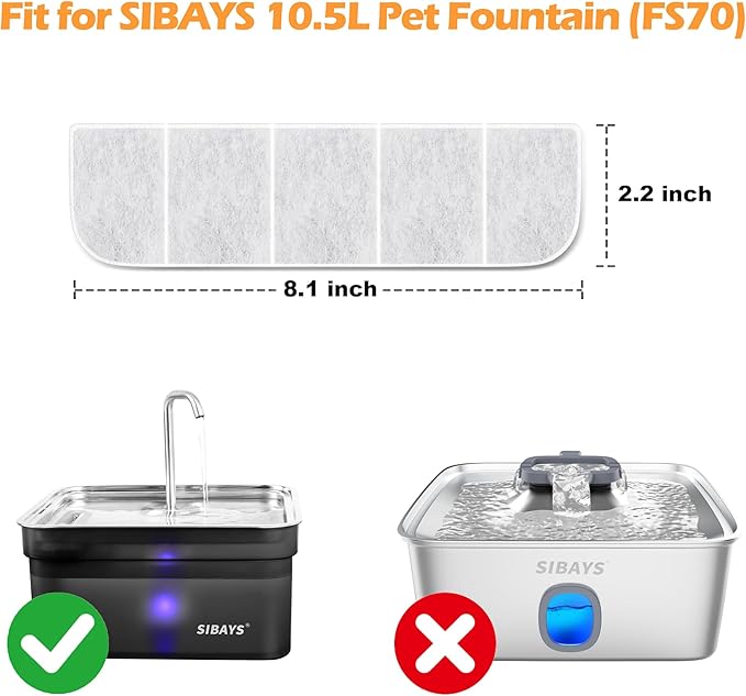 8 Pack Replacement Filters and 8 Pack Pump Sponges for SIBAYS 355oz/2.8Gal/10.5L Large Dog Water Fountain(FS70), Made of Coconut Shell Activated Carbon and PP Cotton, Food Grade Water Fountain Filters-PawvioPets