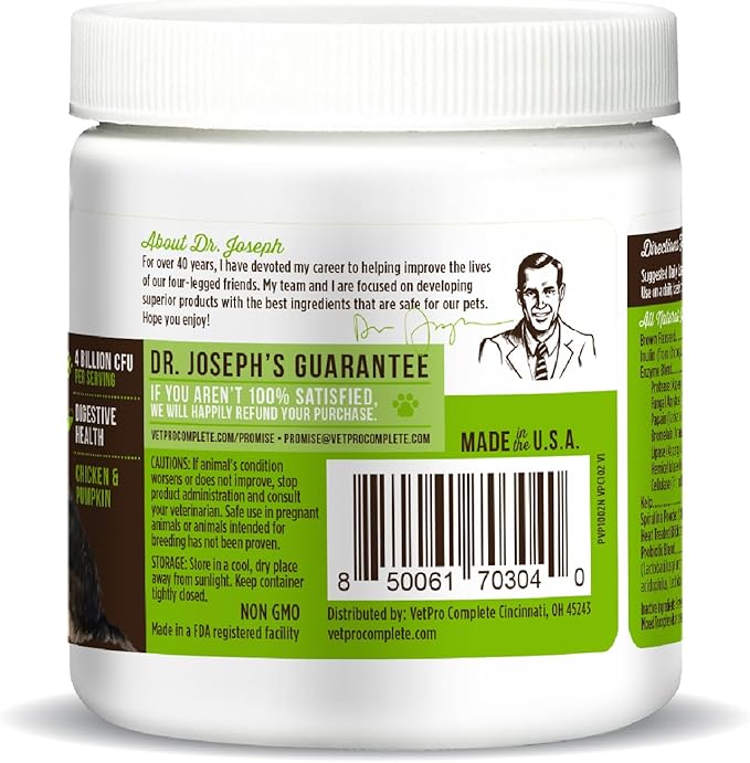 Dr. Joseph's VetPro Complete Advanced Powdered Pre & Probiotics for Dogs, 90 Scoops, Supports Gut Health, Diarrhea, Digestive Health & Seasonal Allergies, Chicken/Pumpkin Flavor, Add to Food-PawvioPets