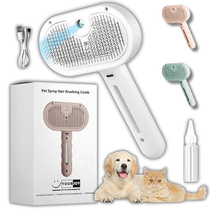 4 in 1 Cat Steam Brush: steam brush for cats, Grooming, Shedding, Mist Spray, Hair Removal Comb & Massager, USB Rechargeable Self Cleaning cat steam brushes for indoor cats - White-PawvioPets