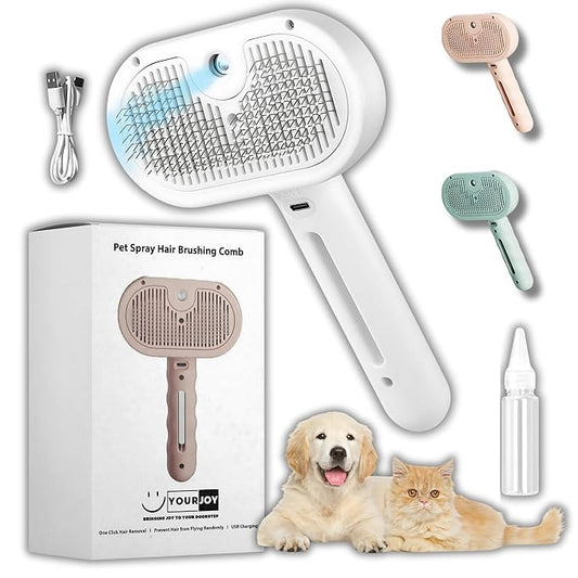 4 in 1 Cat Steam Brush: steam brush for cats, Grooming, Shedding, Mist Spray, Hair Removal Comb & Massager, USB Rechargeable Self Cleaning cat steam brushes for indoor cats - White-PawvioPets