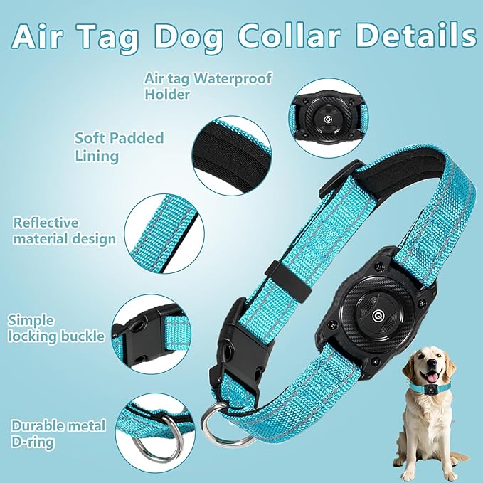 Air -Tag Dog Collar Waterproof Dog Air Tracker Chip for Apple Find My (iOS only) Reflective Strip Real Time Anti-Loss Tags Ultra-Durable GPS Pet Tracking Collar, Sky Blue M (12.4''-17.3'')-PawvioPets