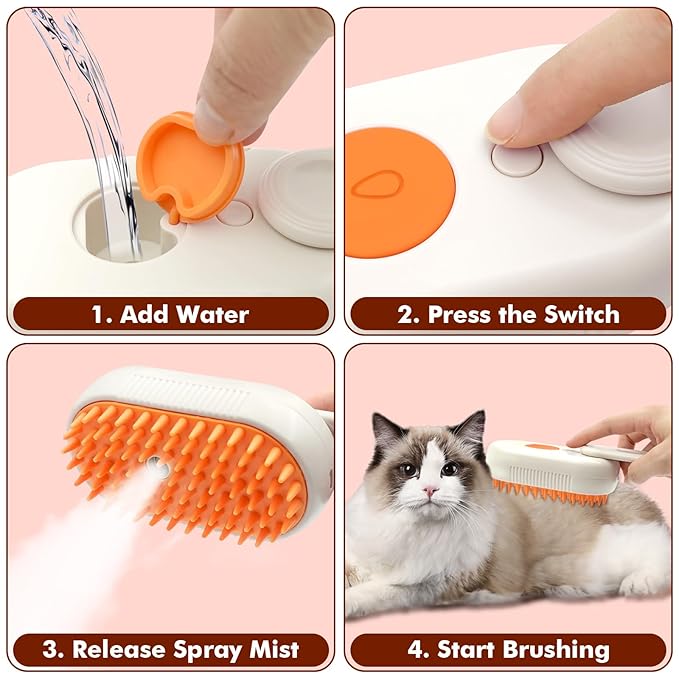 Cloud Care Cat Brush, Cat Steam Brush for Shedding, 4-In-1 Self-Cleaning Pet Steam Brushs for Long and Short Hair Cats and Dogs Grooming Supplies-PawvioPets