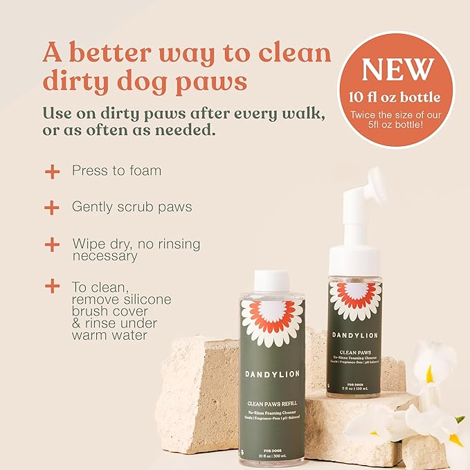 Dandylion Clean Paws No-Rinse Foaming Cleanser Refill – Gentle, Fragrance-Free, pH-Balanced for Dogs, 10 fl oz-PawvioPets