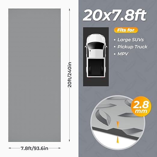 7.8 x 20 FT Garage Floor Mat, 2.8mm Thickness Diamond Plate Vinyl Garage Flooring Roll for Under Car, Large Size 156 SQFT for Large SUVs, MPV, Pickup Truck-PawvioPets