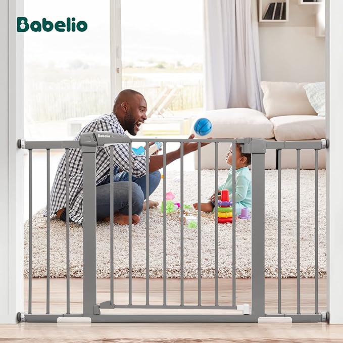 Babelio Metal Baby/Pet Gate, 29-48'' Auto Close Easy Install, Extra Wide Walk Thru for Child Safety, Pressure Mounted Dog Door for Doorways & Stairs, with Y Spindle Rods, Grey-PawvioPets