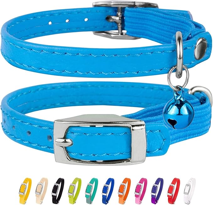CollarDirect Leather Cat Collar, Kitten Collar with Removable Bell Black Blue Red Orange Lime Green (6-7 Inch, Light Blue)-PawvioPets