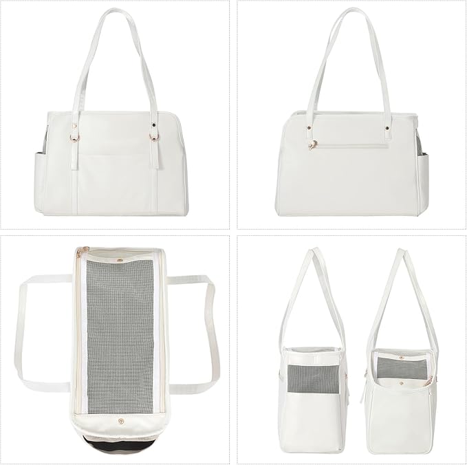 Dog Carrier Purse, Fashion Leather Pet Carrier with Pockets, Airline Approved Soft Sided Dog Carrying Bag for Puppy Cat Dog White-PawvioPets