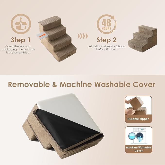 EHEYCIGA Dog Stairs for Small Dogs 13.5" H, 3-Step Dog Steps for Couch Sofa and Chair, Pet Steps for Medium Cats, Non-Slip Balanced Pet Ramp Indoor, Camel-PawvioPets
