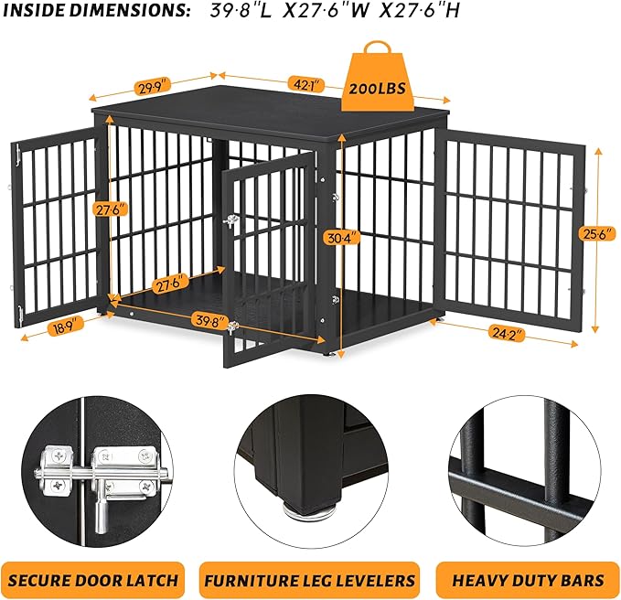 42 Inch Heavy Duty Dog Crate Furniture for Large and Medium Dogs, Decorative Pet House End Table, Wooden Cage Kennel Furniture Indoor, Black-PawvioPets