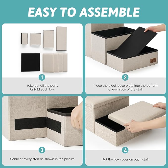 Dog Stairs with Storage, 4-Step Wider Sturdy Dog Steps for Small/Medium/Large Dogs and Older Cats, Folding Doggie Ramp for Bed/Couch/Car Hold Up to 180 lbs (22" H, Beige)-PawvioPets