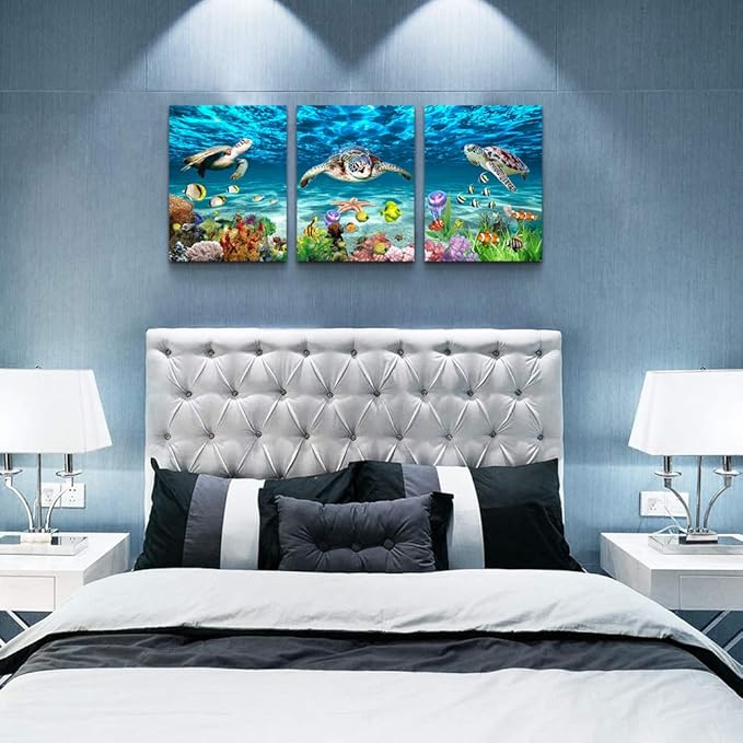 Canvas Wall Art for Living Room Large Size Wall decor for Bedroom Bathroom Wall Decoration blue Ocean Sea Turtle Paintings Modern shark Pictures Artwork office Decor Ready to Hang 16" x 24" 3 Piece-PawvioPets
