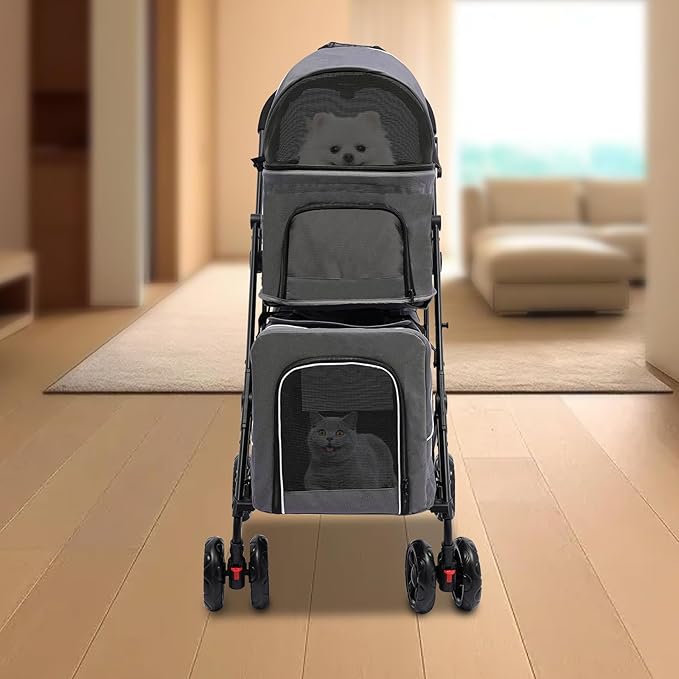 2 Tiers Pet Stroller,4 Wheel Dog Stroller Cat Strollers,3.07lbs Pet Gear Foldable Jogger Travel Cart,Grey Cat Carrying Cart with Storage Basket for Small Medium Pet (Grey)-PawvioPets