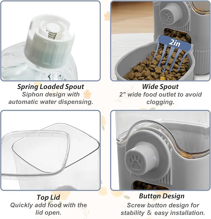 Fhiny Rabbit Food & Water Dispenser, Large Capacity Gravity Guinea Pig Feeder and Waterer Set Hanging Automatic Bunny Feeder for Cage for Bunny Guinea Pig Chinchilla Ferret Cat Puppy-PawvioPets