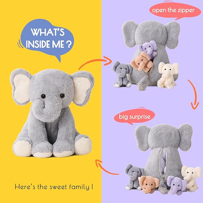 5 Pieces Elephant Stuffed Animals for Girls, 1 Mommy Elephant with 4 Babies Soft Plush Set Toys Gifts for Kids Children 3 4 5 6 7 8 9 Years, Christmas, Birthday, Children's Day-PawvioPets