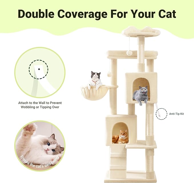 Allewie 64 Inches Cat Tree Tower/Multi-Level Activity Center for Indoor Big Felines/2 Plush Condos/2 Perchs/Basket/House/Sisal Scratching Posts/Hanging Cat Toys/Beige-PawvioPets