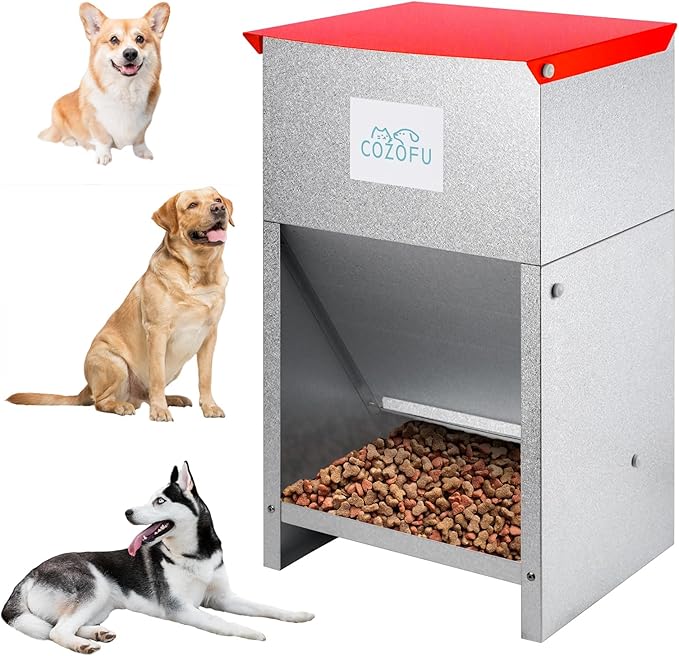 Dog Feeder - Galvanized Metal Pet Food Station for Indoor & Outdoor Use - Automatic Gravity-Fed Dispenser Suitable for Small, Medium, and Large Dog Breeds - Capacity: 25 Pounds of Dry Kibble-PawvioPets