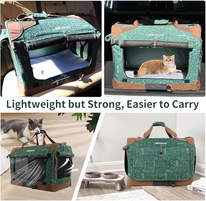 Extra Large Cat Carrier Soft Sided, Portable Small Dog Carrier for 2 Cats, 24"x16.5"x16" Car Travel Folding Comfortable Design, Green-PawvioPets